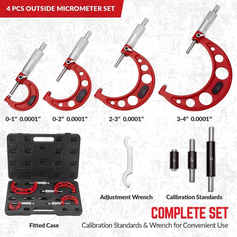 SANDOR Premium Outside Micrometer Set 0-4" / 0.0001" (0-1"/1-2"/2-3"/3-4") Precision Machinist Tools w/Carbide Tips, Standards, Ratchet Stop - Image 3
